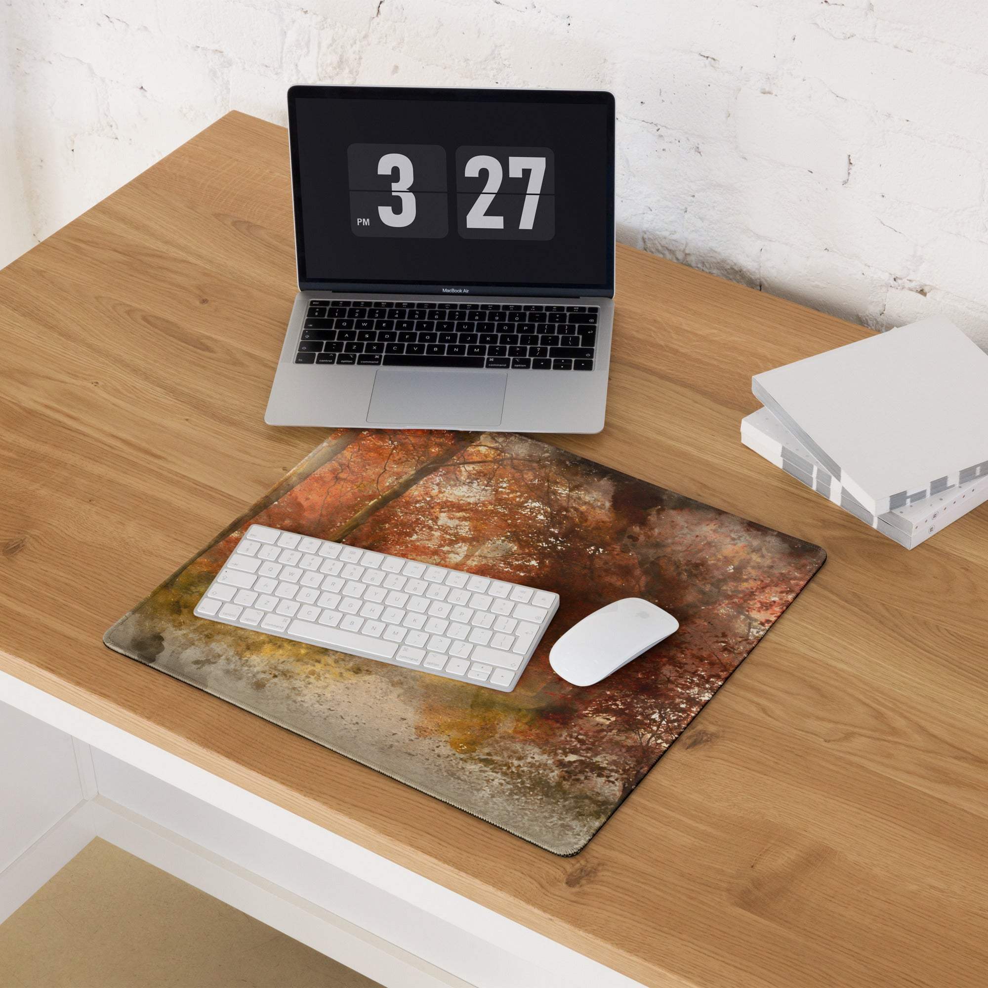 Large watercolor autumn forest path gaming mouse pad with rusted metal texture