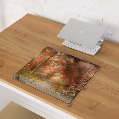 Large watercolor autumn forest path gaming mouse pad with warm browns, oranges, non-slip base
