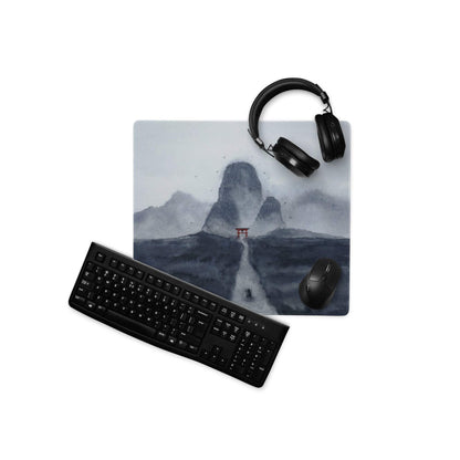 Minimalist watercolor misty mountains red torii gate mouse pad with headphones