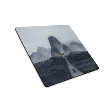 Minimalist misty mountain ink-wash mousepad with red torii gate