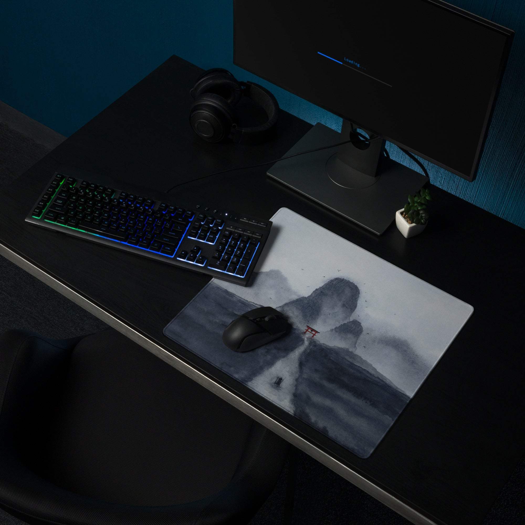 Minimalist misty watercolor mountains with red torii gate gaming mouse pad