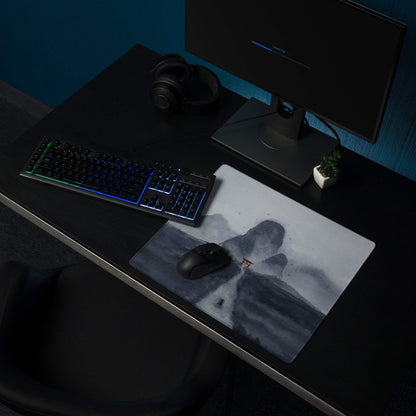 Minimalist misty watercolor mountains with red torii gate gaming mouse pad