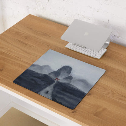 Grayscale watercolor mountain and red torii gate gaming mouse pad