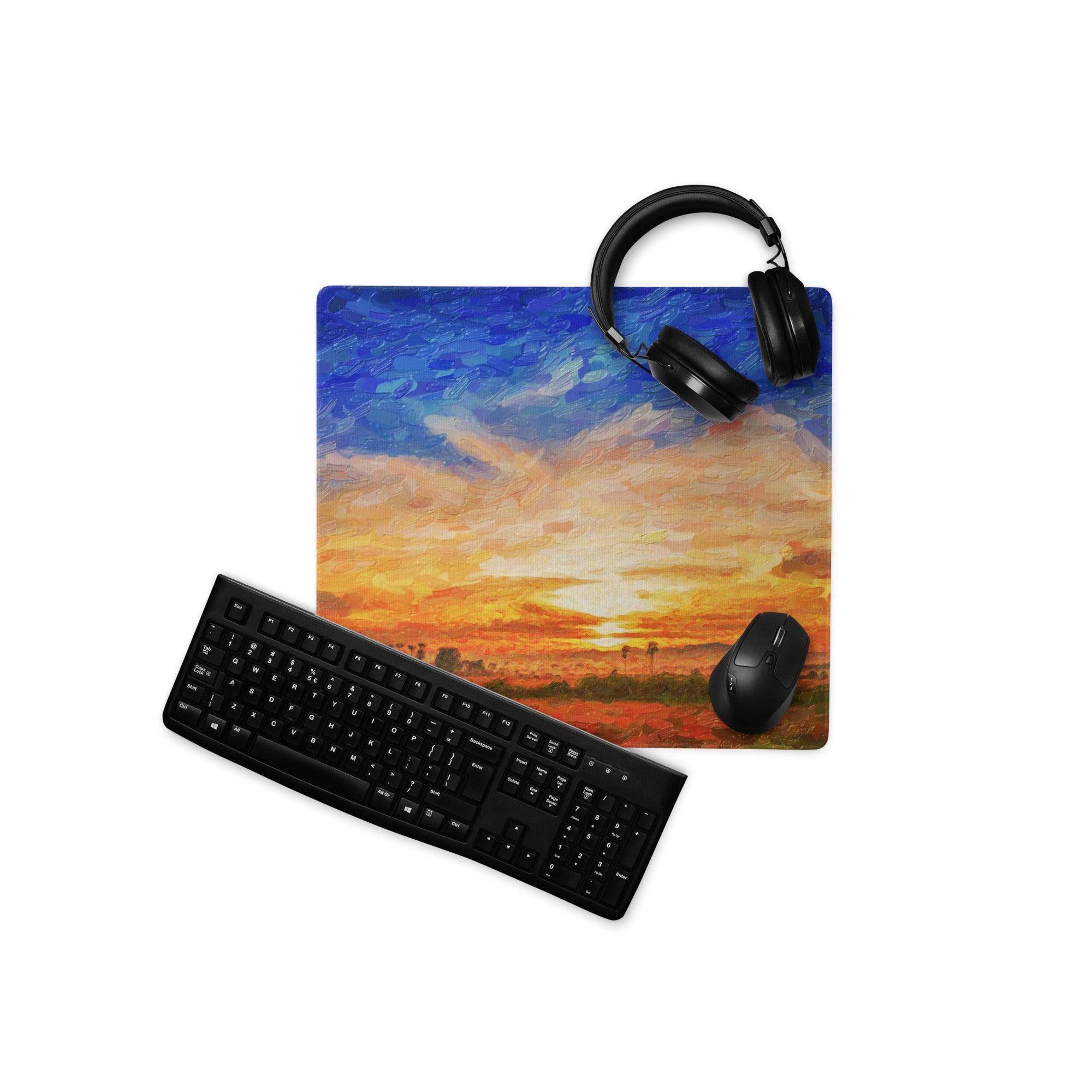 Vibrant blue orange impressionist sunset gaming mousepad with black headphones