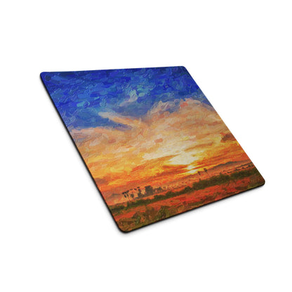 Square coaster with vibrant textured sunset in blues and oranges