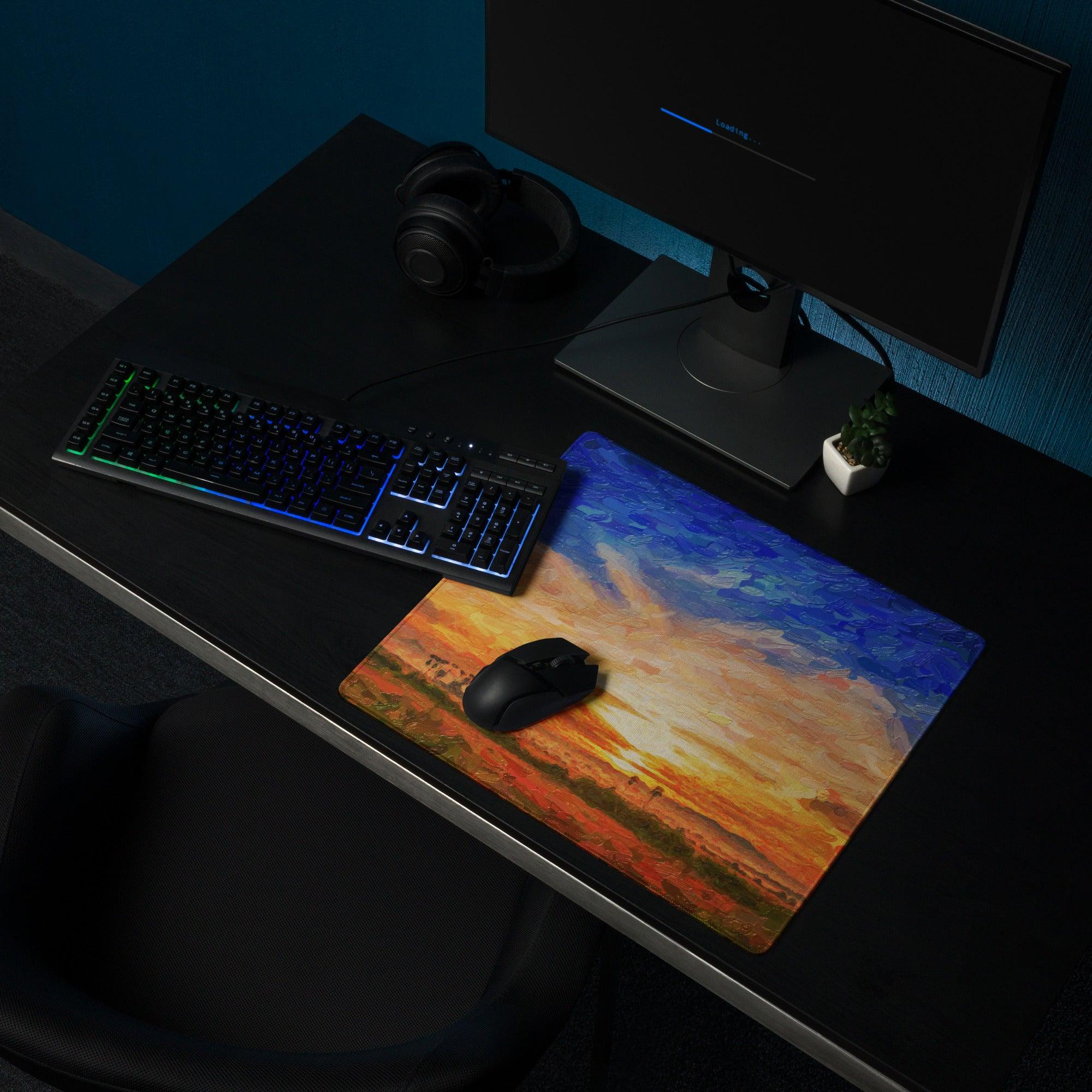 Vibrant impressionist sunset gaming mouse pad with non-slip base