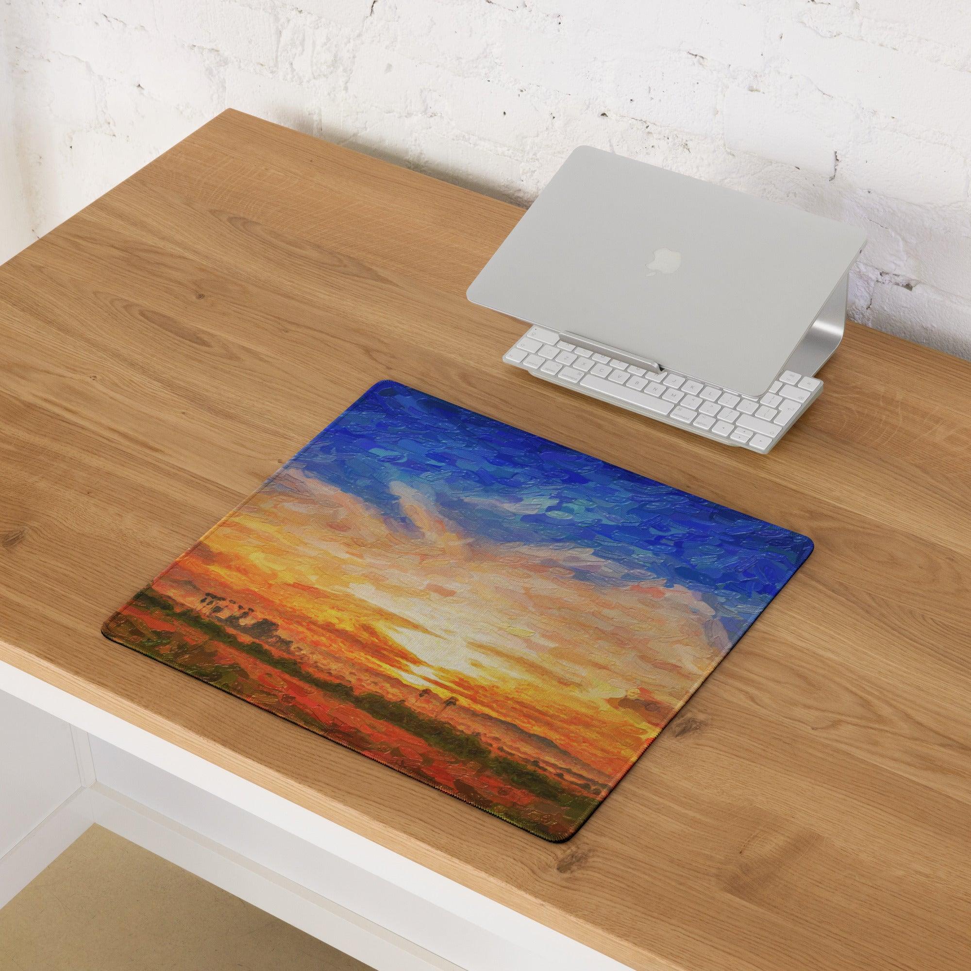Vibrant impressionist sunset landscape gaming mouse pad, large non-slip base