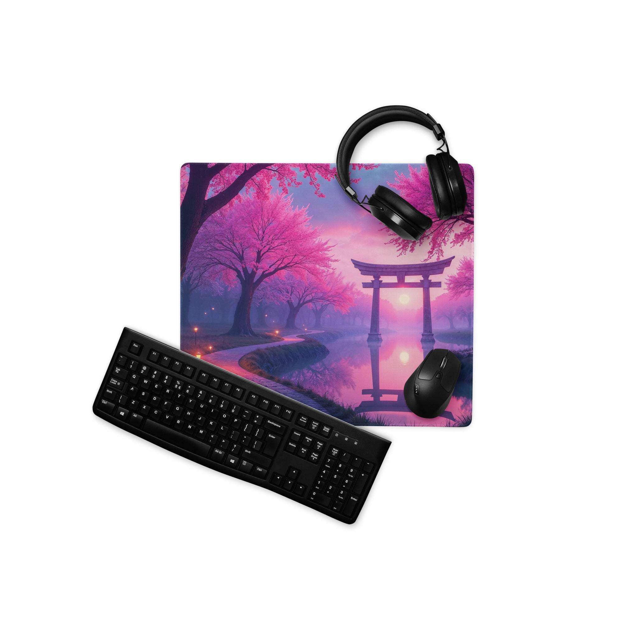 Dreamy purple pink cherry blossom gaming mouse pad with torii gate and headphones