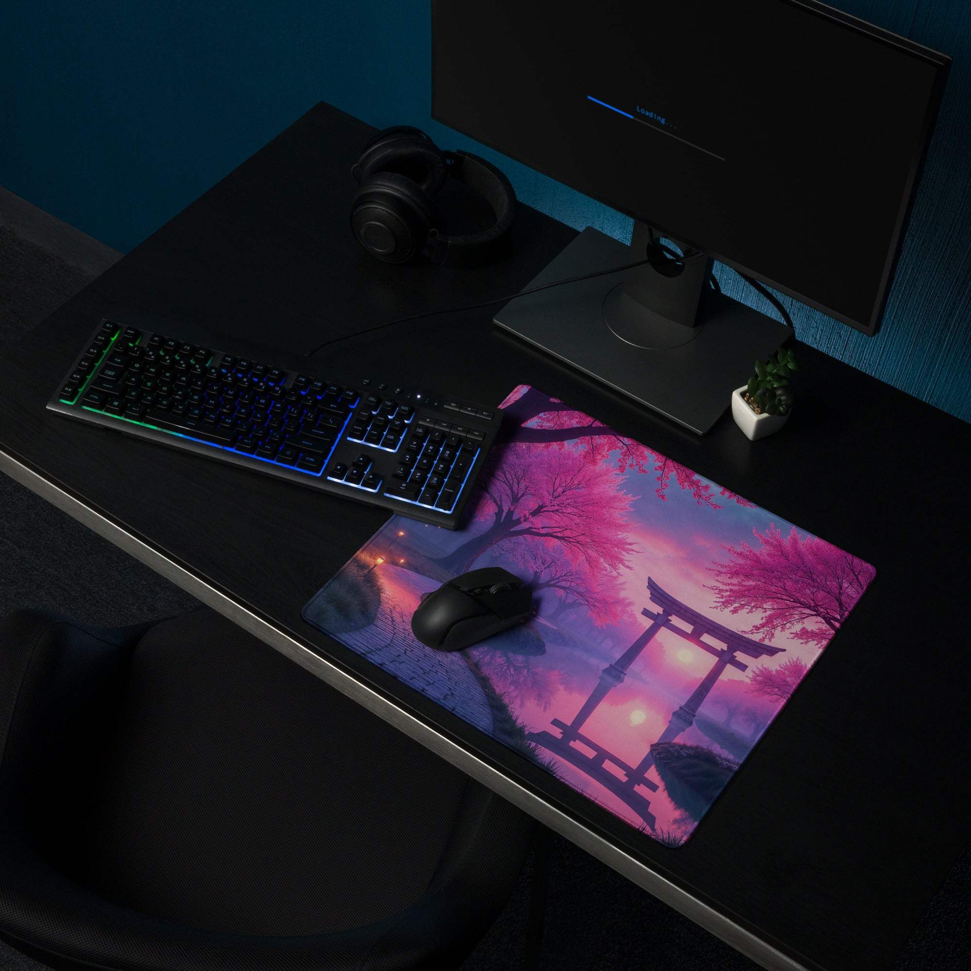 Dreamy purple pink cherry blossom sunset gaming mouse pad with torii gate