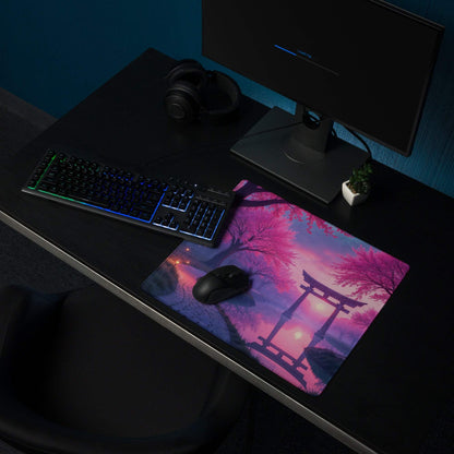 Dreamy purple pink cherry blossom sunset gaming mouse pad with torii gate