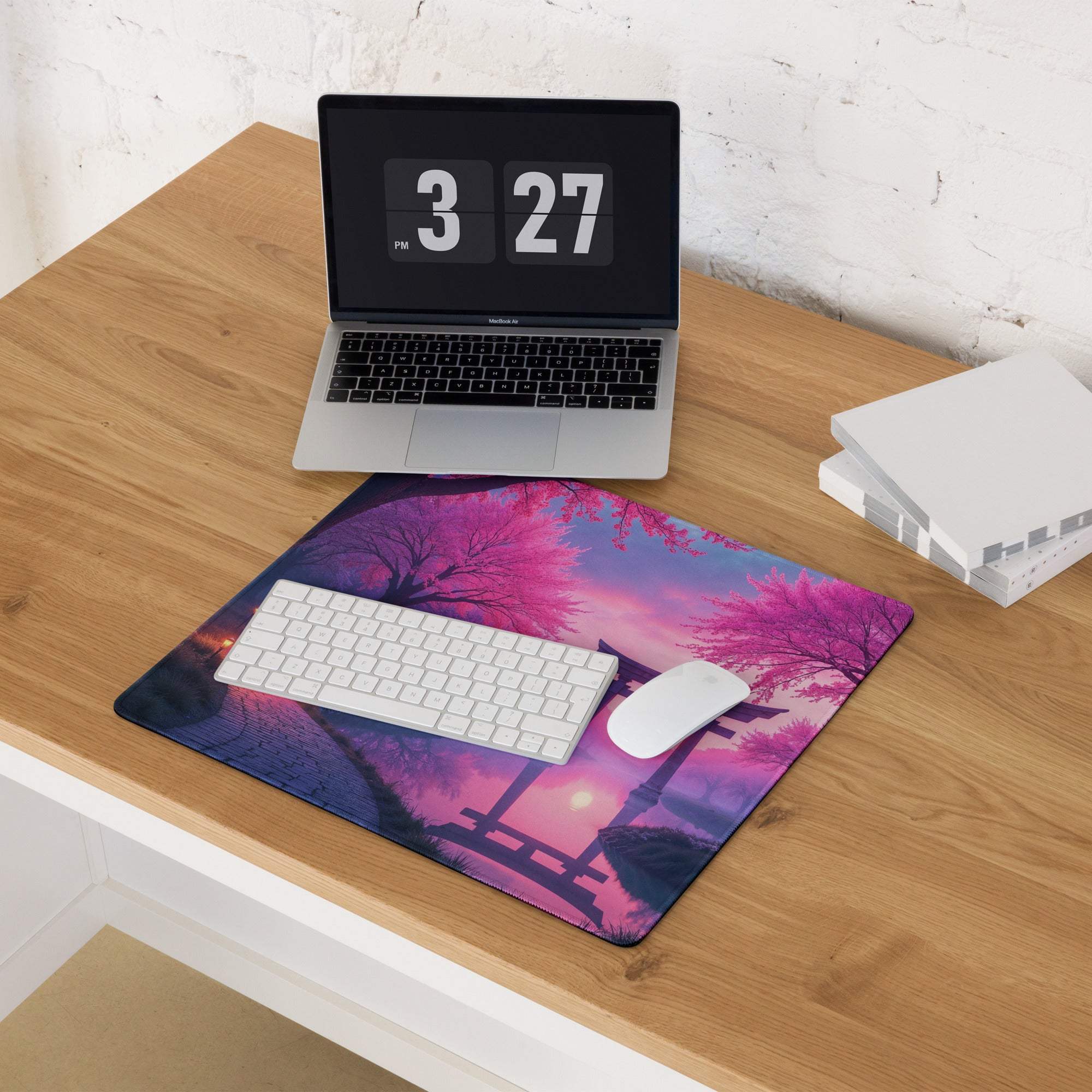 Vibrant pink purple cherry blossom gaming mouse pad with torii gate