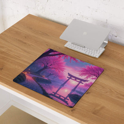 Dreamy purple pink cherry blossom gaming mouse pad with torii gate