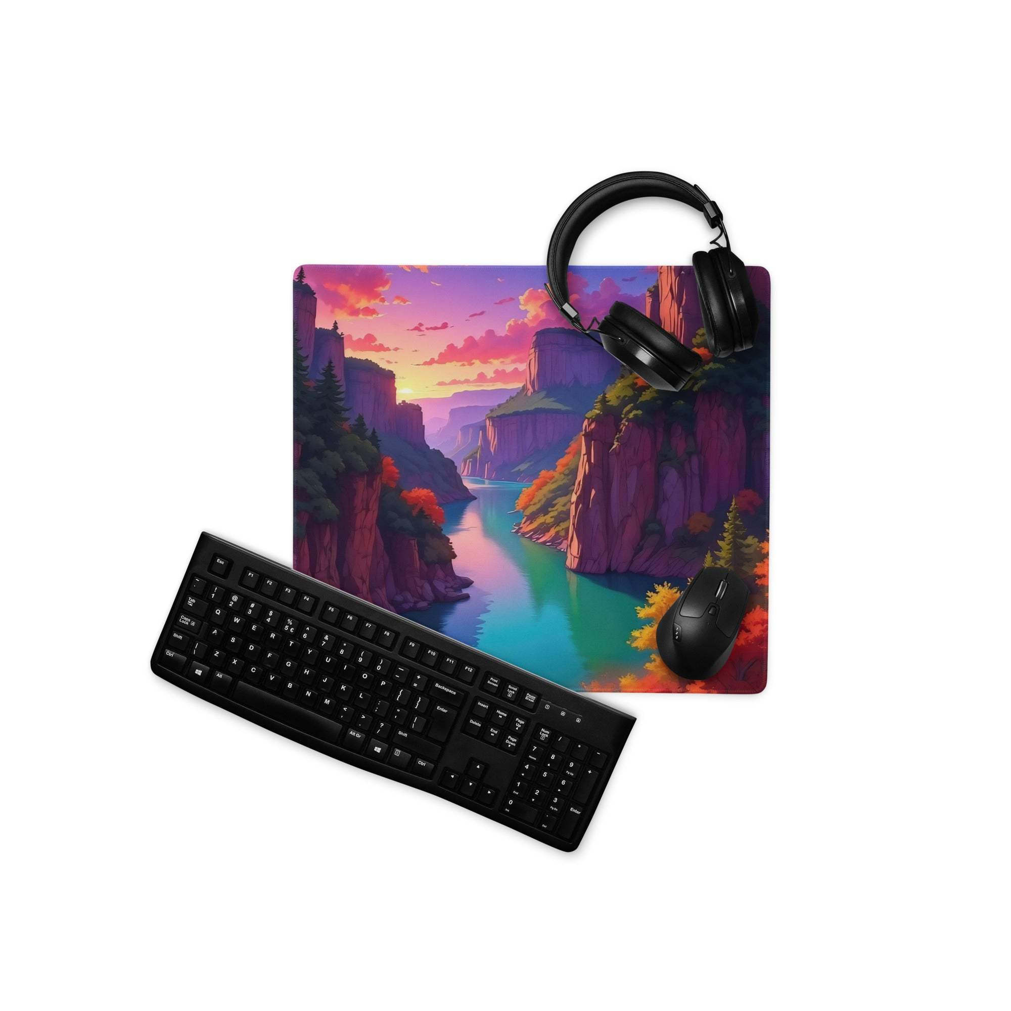 Vibrant purple pink canyon sunset mousepad with headphones, non-slip base