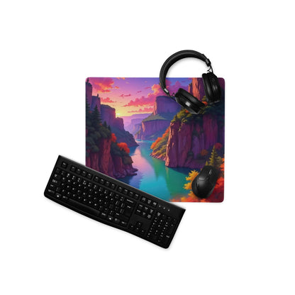 Vibrant purple pink canyon sunset mousepad with headphones, non-slip base
