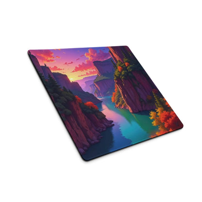 Vibrant anime canyon sunset mousepad with river, autumn trees, warm hues