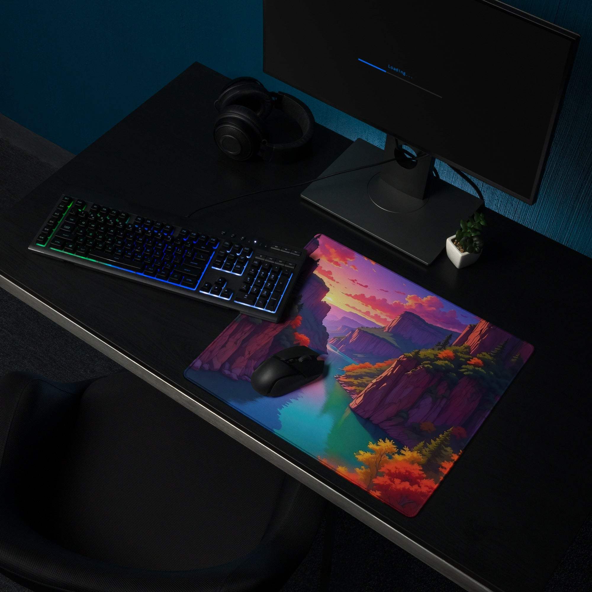 Vibrant autumn canyon sunset mouse pad with non-slip base, large gaming size