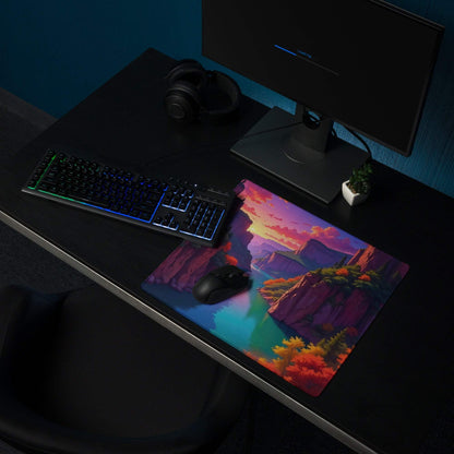 Vibrant autumn canyon sunset mouse pad with non-slip base, large gaming size