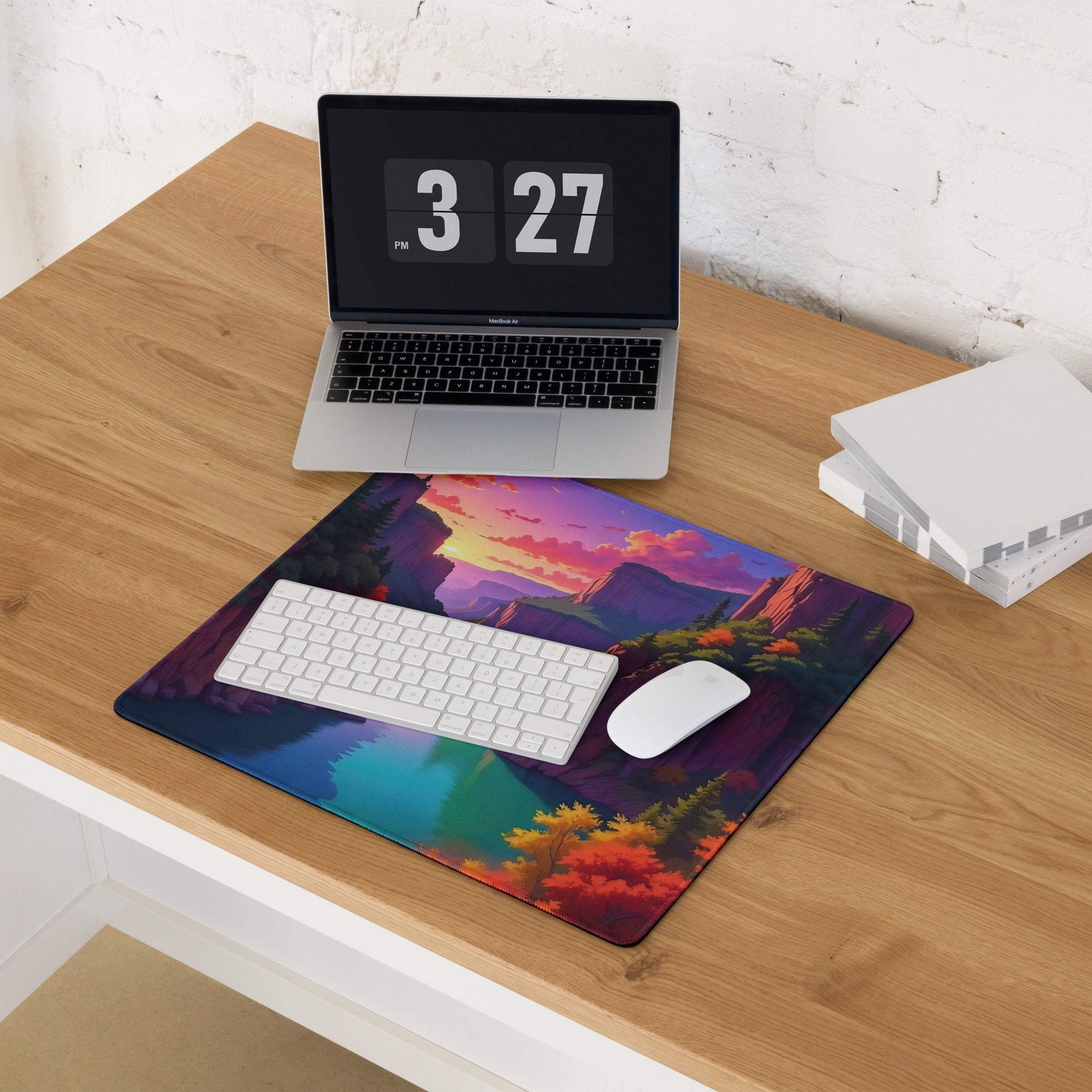 Vibrant autumn canyon sunset gaming mouse pad with mountains, warm hues, non-slip base