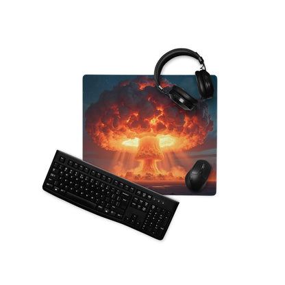 Black gaming mousepad with fiery orange nuclear explosion theme