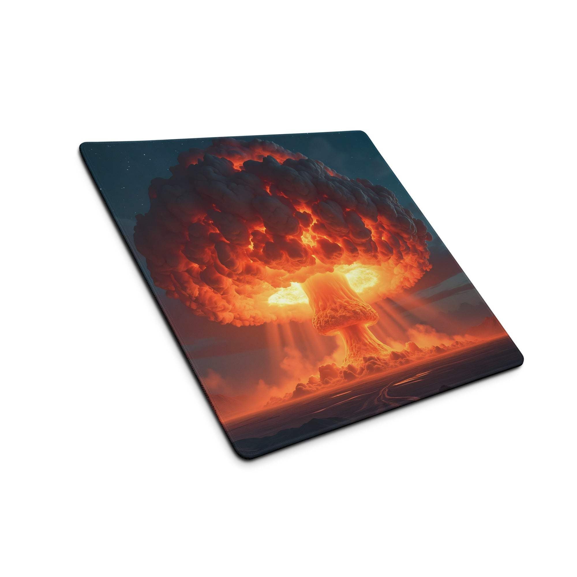 Dynamic gaming mouse pad with fiery orange nuclear explosion mushroom cloud