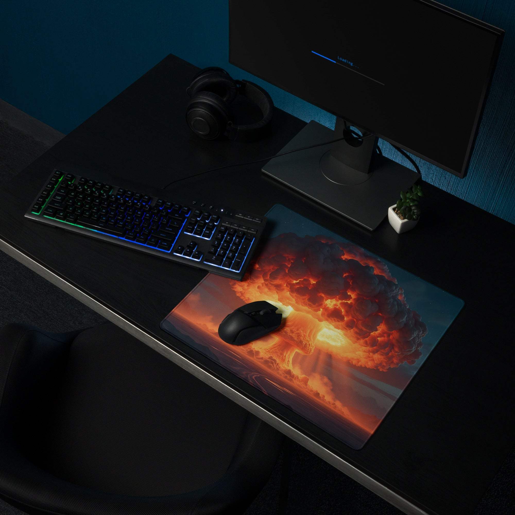 Dynamic gaming mouse pad with fiery orange nuclear explosion theme