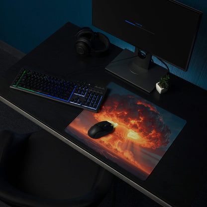 Dynamic gaming mouse pad with fiery orange nuclear explosion theme