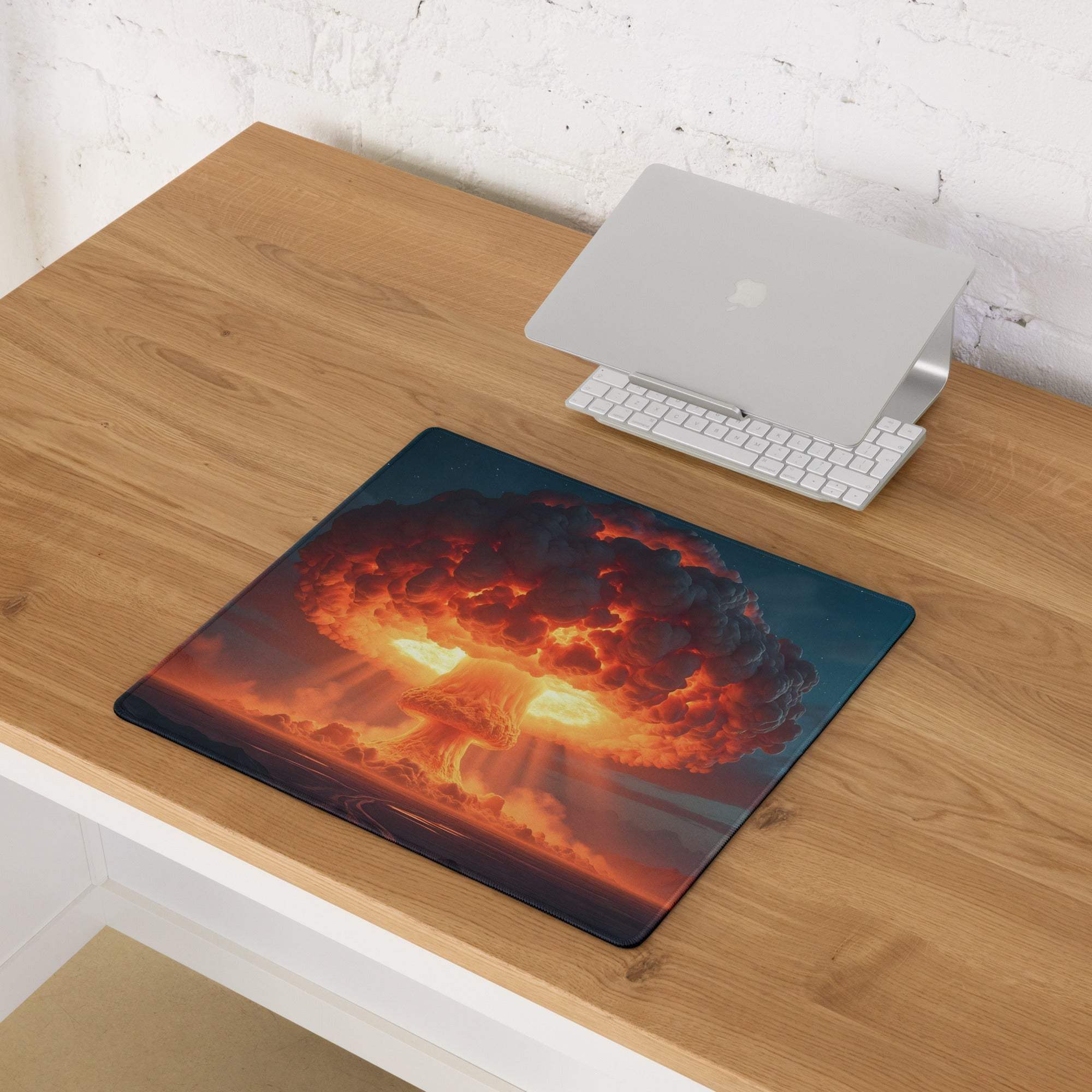 Dynamic gaming mouse pad with fiery orange nuclear explosion theme