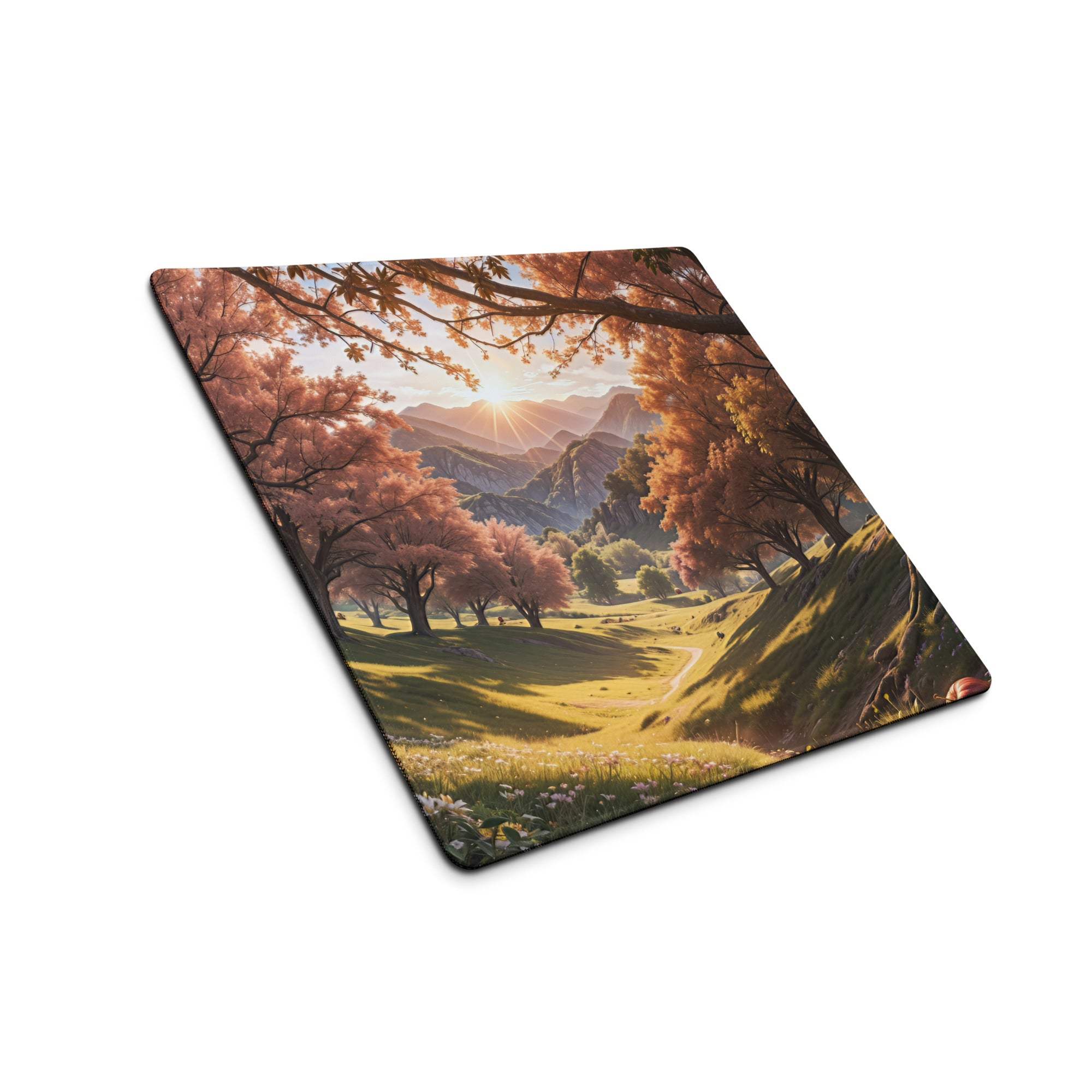 Large Autumn Forest gaming mouse pad with pink orange trees sunset landscape