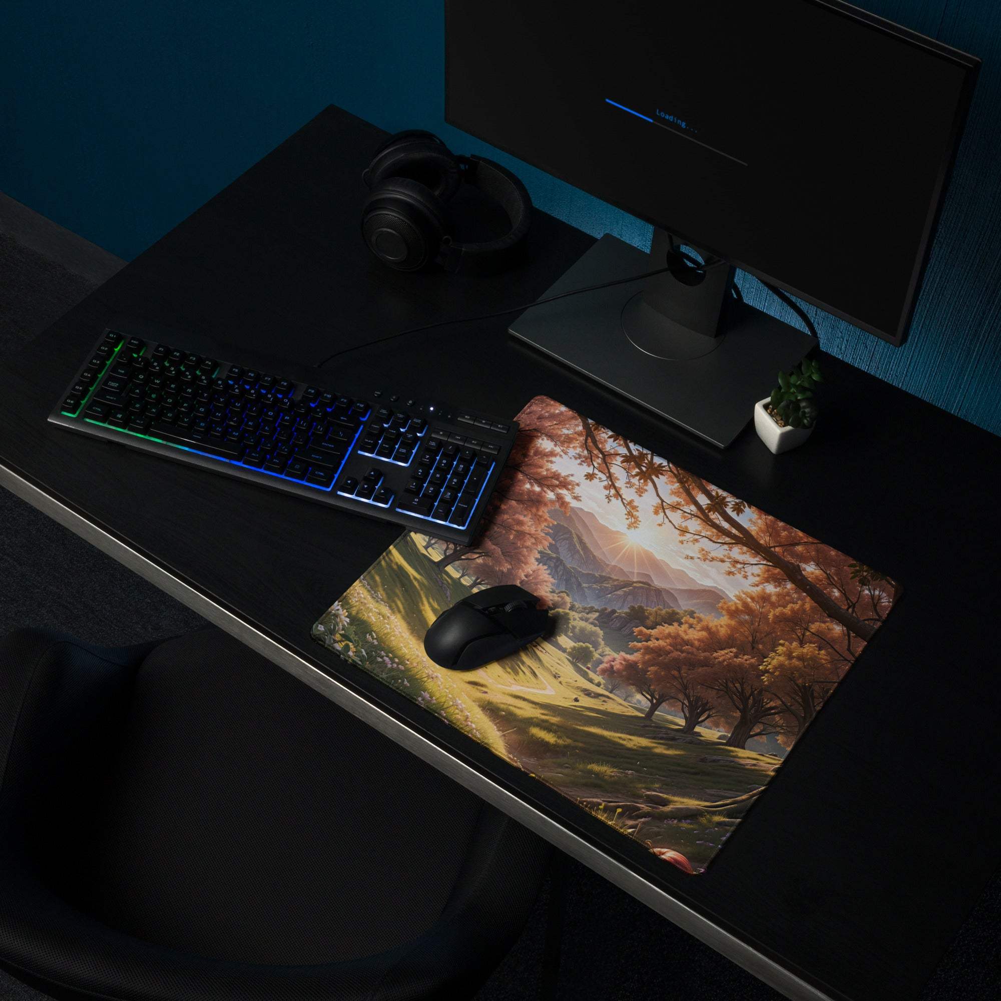 Large Autumn Forest gaming mouse pad with non-slip backing and edge stitching