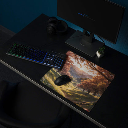 Large Autumn Forest gaming mouse pad with non-slip backing and edge stitching