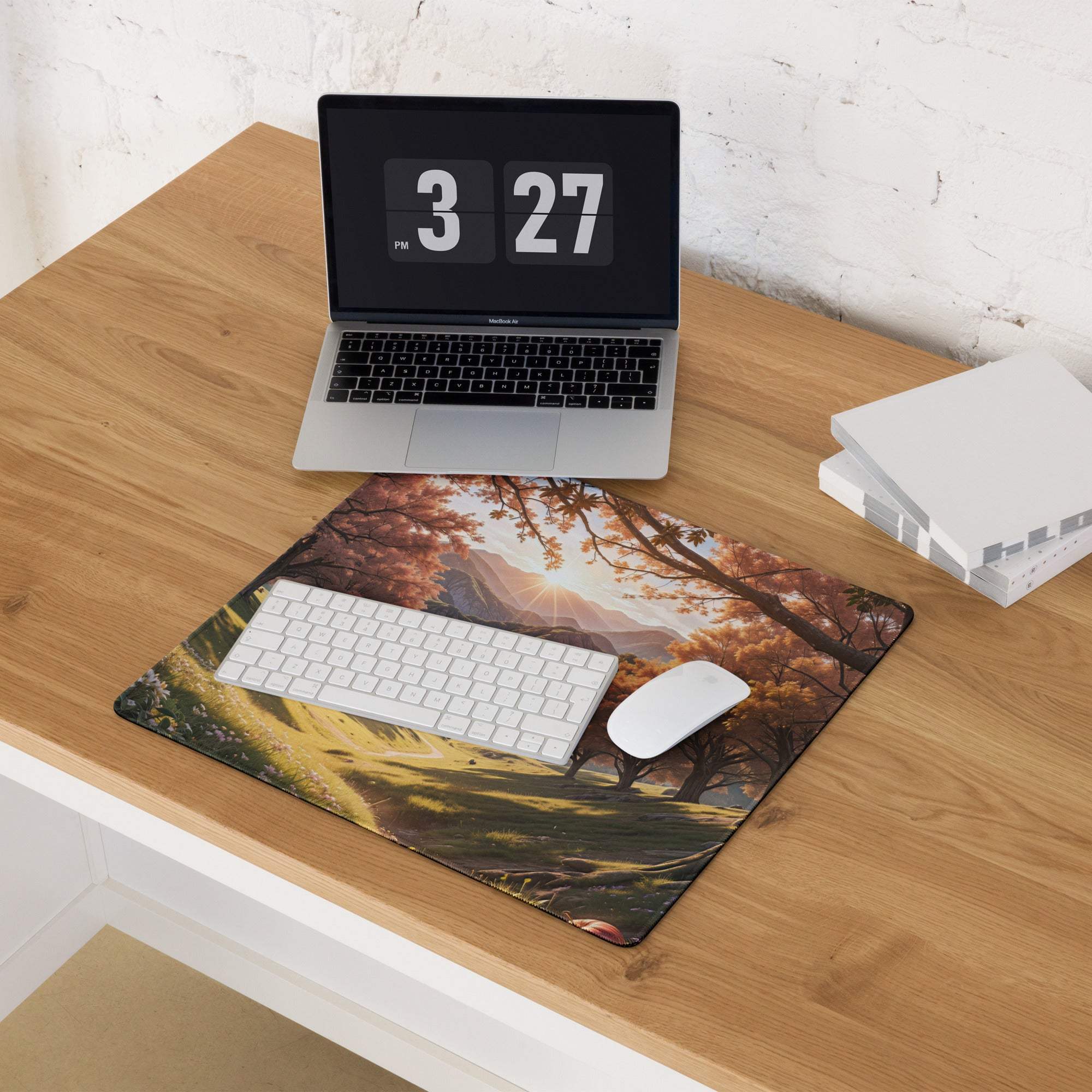 Autumn forest gaming mouse pad with golden leaves, non-slip backing