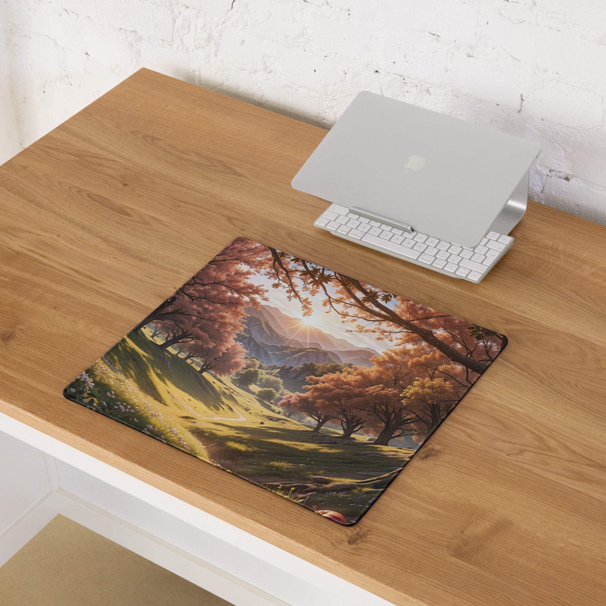 Large Autumn Forest gaming mouse pad with vibrant pink orange trees, hills, mountains, sunburst, non-slip backing, edge stitching