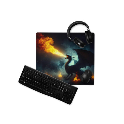 Black dragon breathing fire on smoky gaming mouse pad, large non-slip stitched