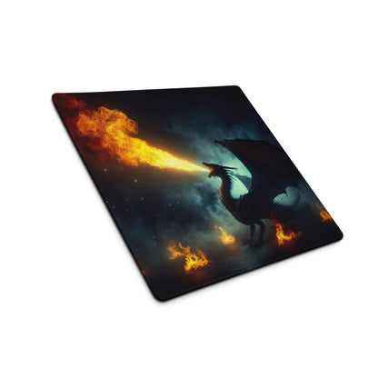 Black gaming mousepad with vivid dragon breathing fiery flames on smoky background