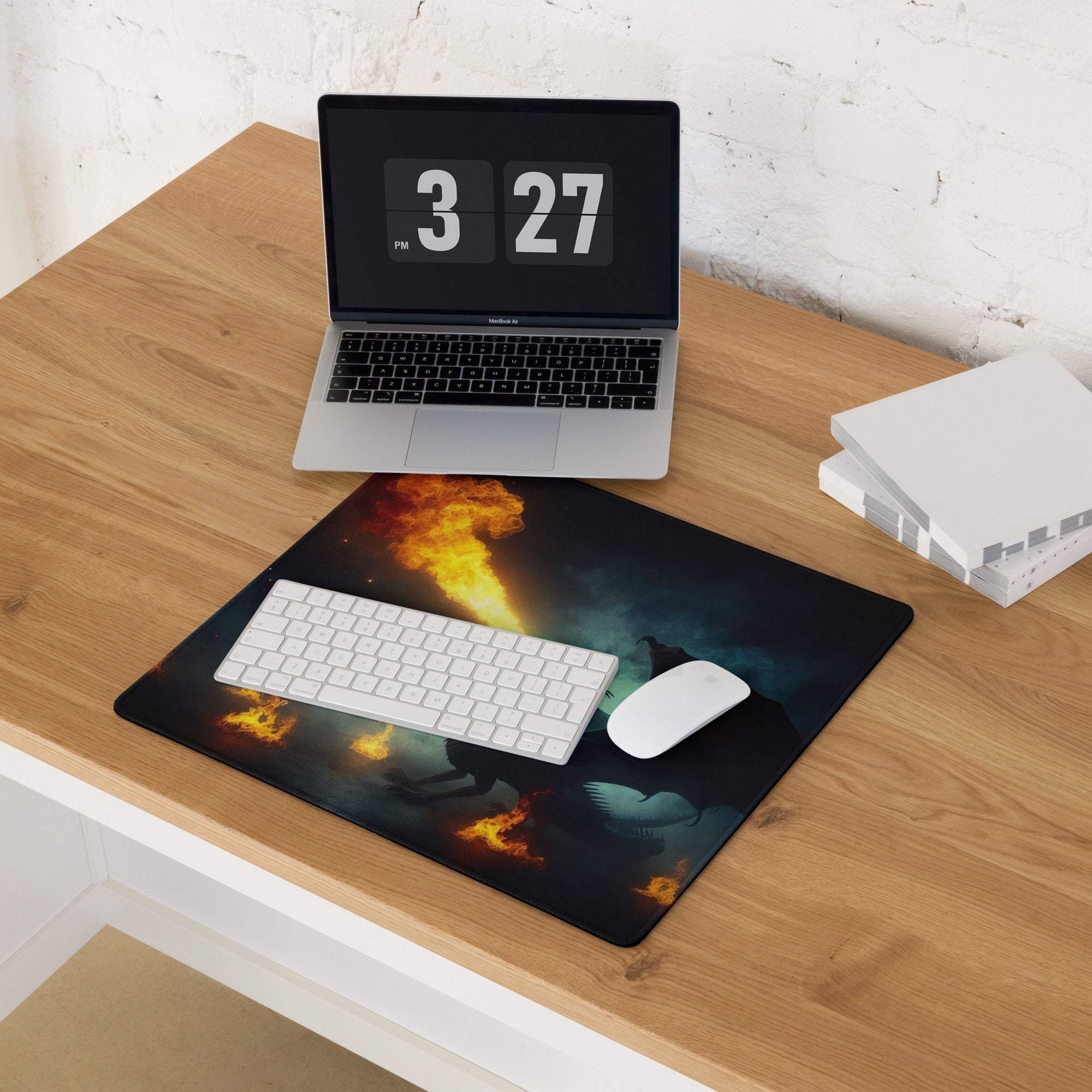 Large Dark Dragon Fire gaming mouse pad with fiery dragon design
