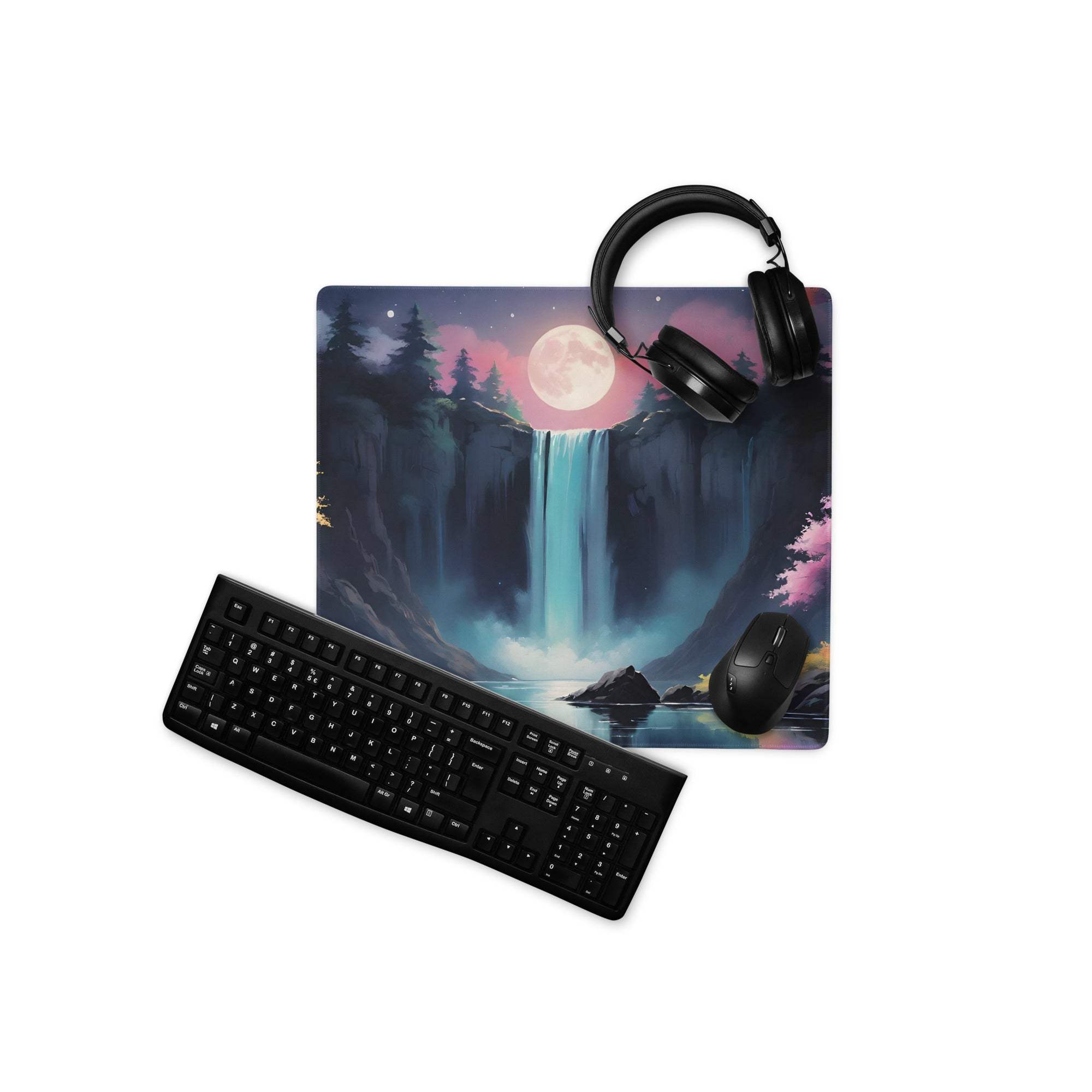 Dreamy fantasy waterfall gaming mouse pad with pink purple twilight sky