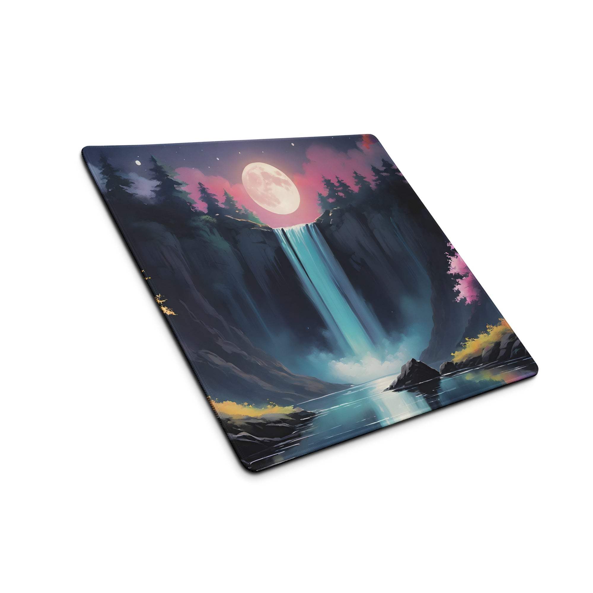 Dreamy fantasy waterfall moonlit gaming mouse pad with pink purple twilight sky