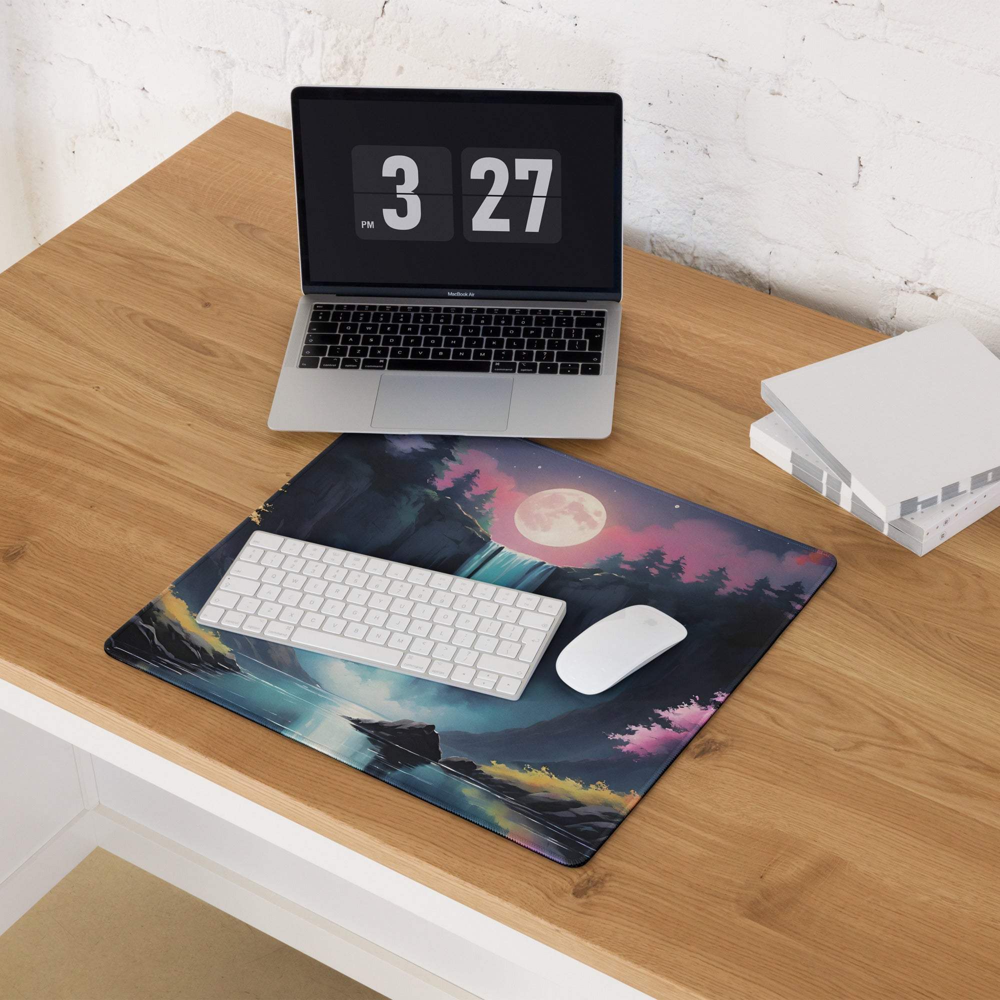 Dreamy fantasy waterfall landscape large gaming mouse pad with moonlit night palette