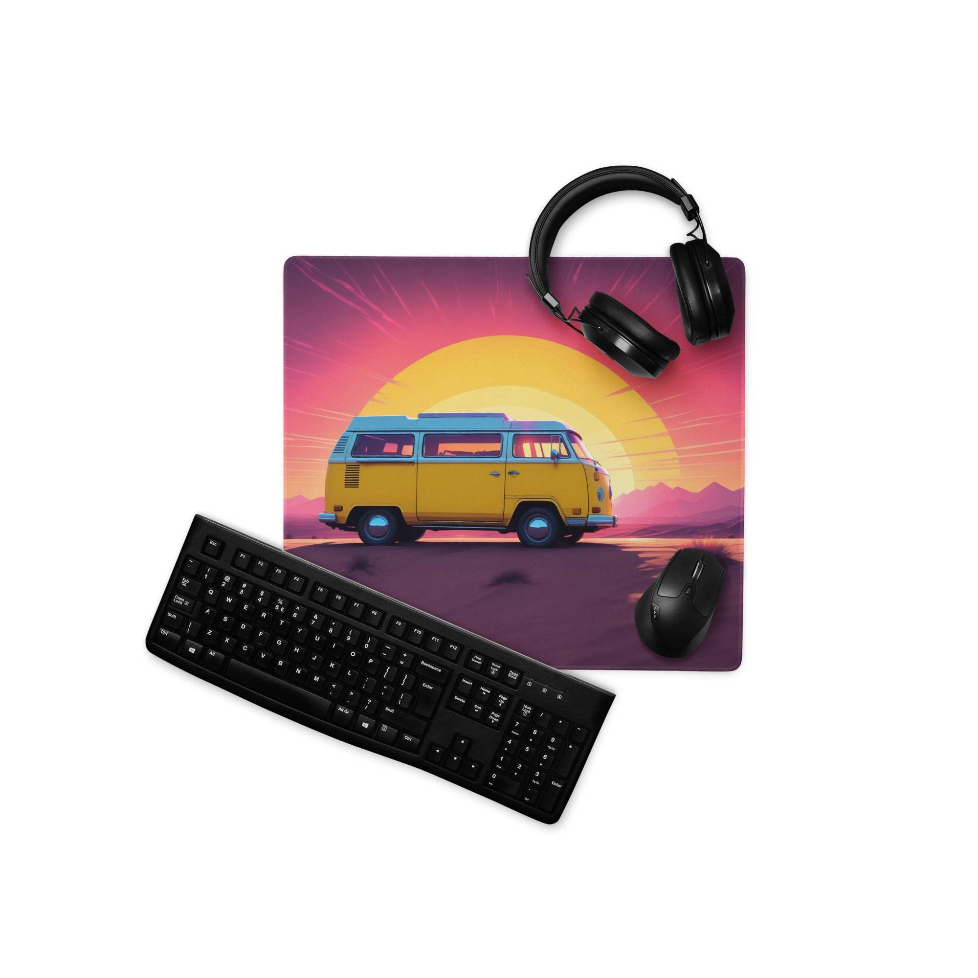 Vintage yellow van retro sunset gaming mousepad in warm palette