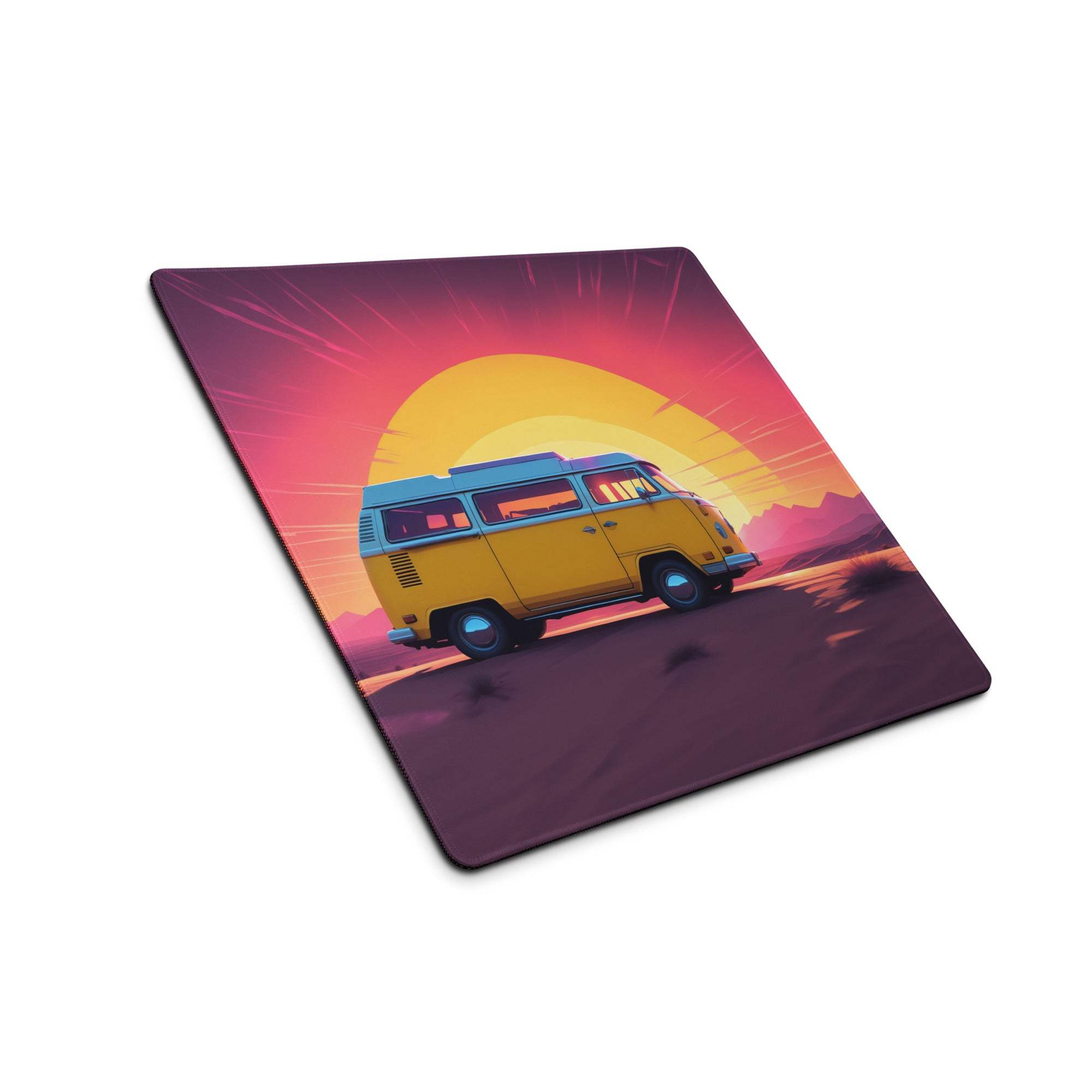Retro yellow VW van sunset gaming mouse pad square design
