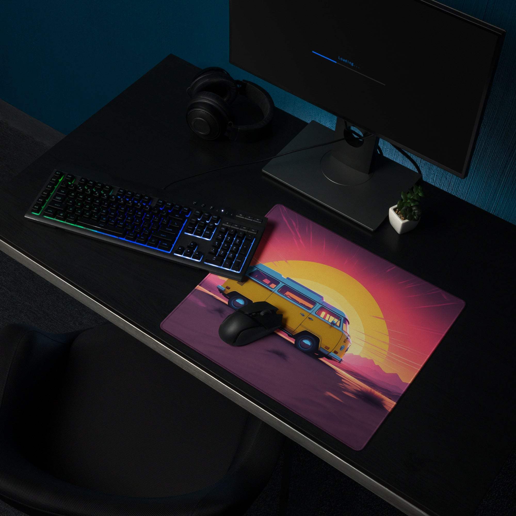 Retro desert sunset gaming mouse pad with yellow van