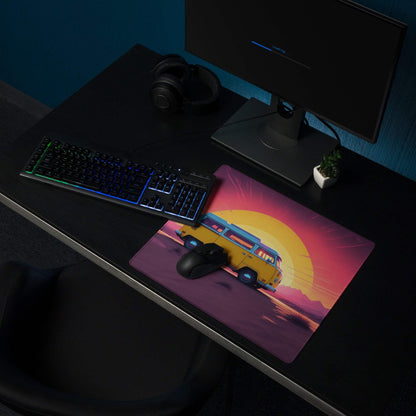 Retro desert sunset gaming mouse pad with yellow van
