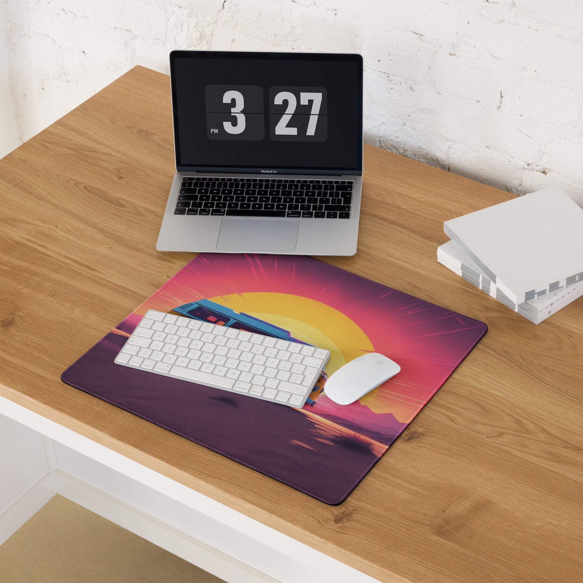 Retro desert sunset gaming mousepad with yellow van and blue train