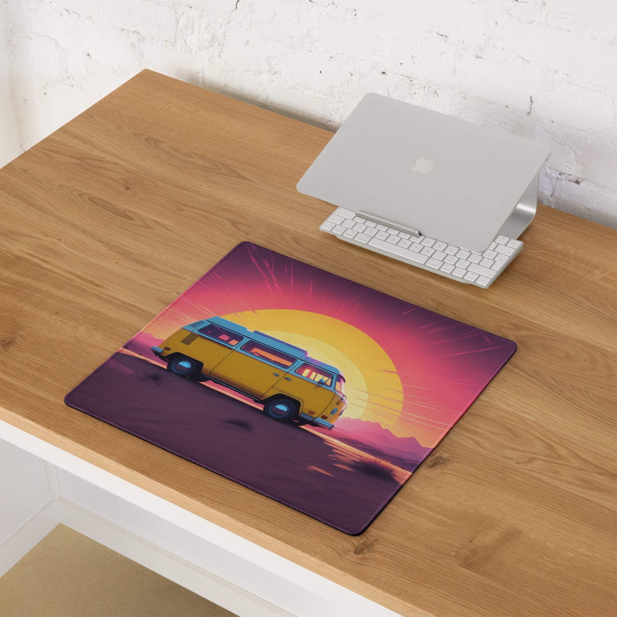 Retro yellow van sunset gaming mouse pad with vibrant warm hues