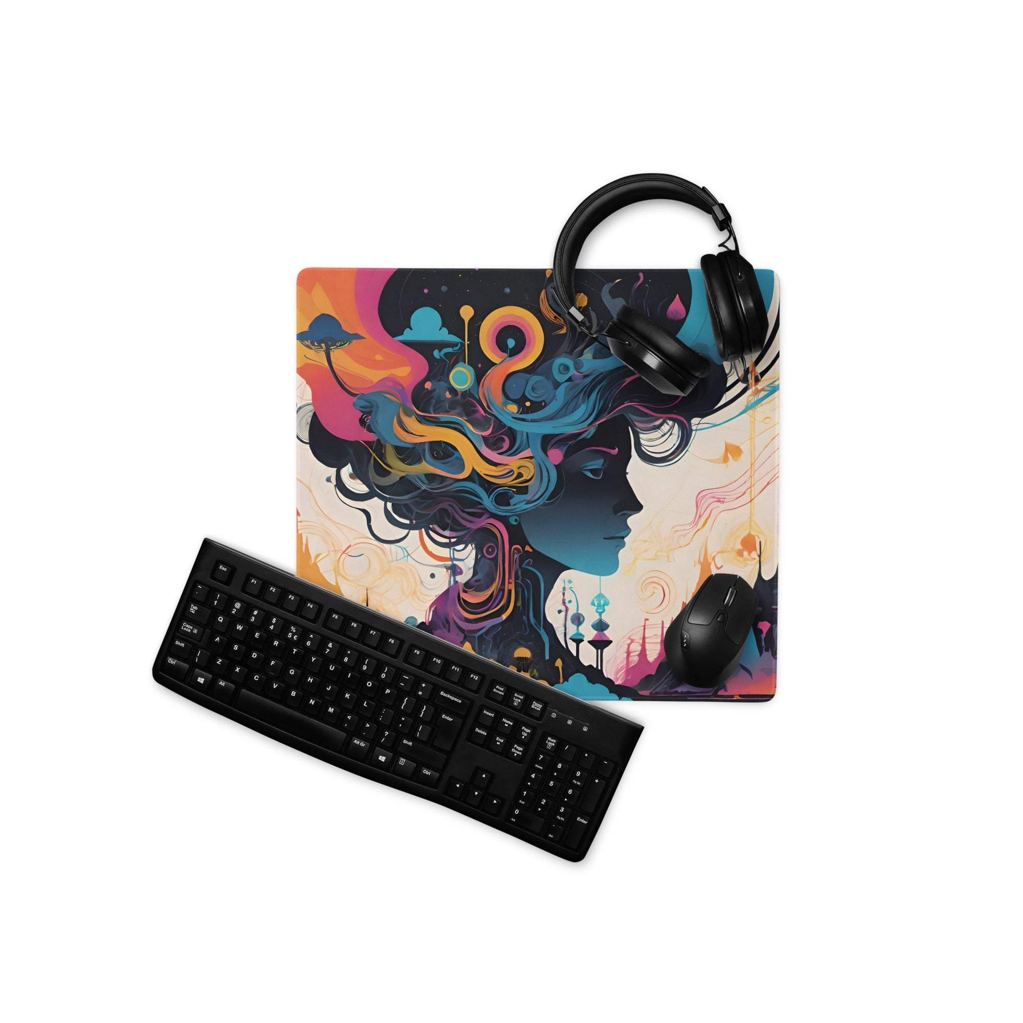 Black keyboard on Vibrant Abstract Fantasy Woman Portrait gaming mouse pad