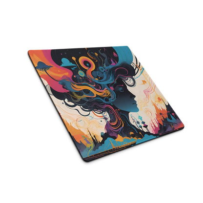 Vibrant abstract fantasy woman gaming mouse pad with colorful swirls