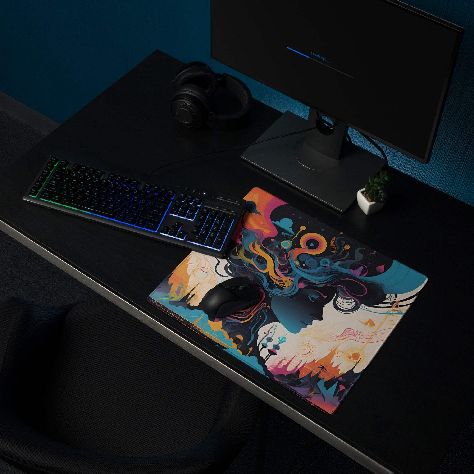 Vibrant abstract fantasy woman portrait gaming mouse pad with colorful swirls