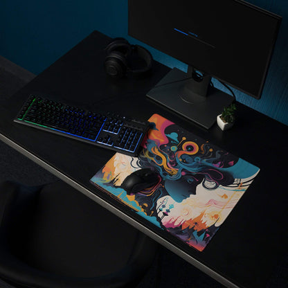Vibrant abstract fantasy woman portrait gaming mouse pad with colorful swirls