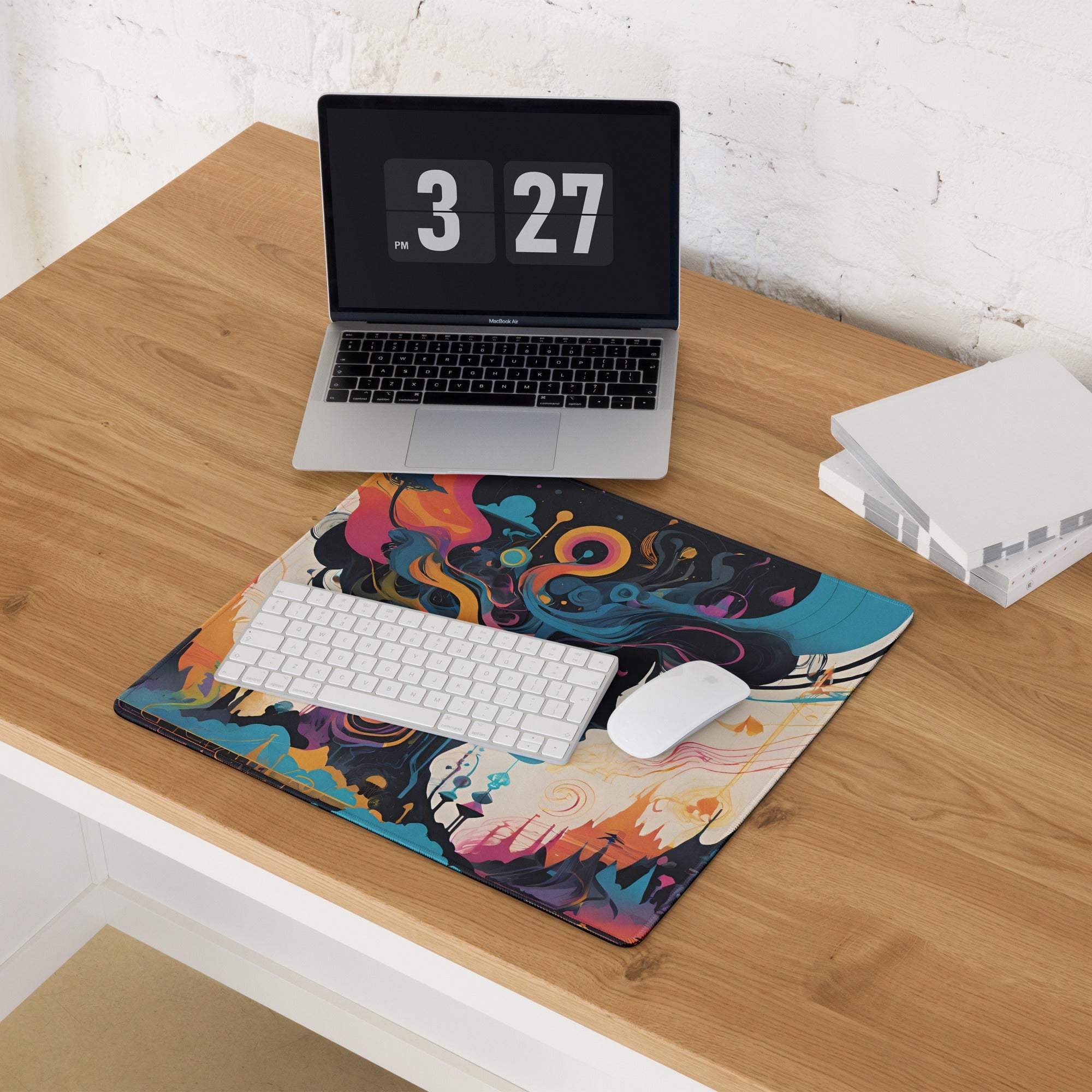 Vibrant abstract fantasy woman portrait gaming mouse pad with colorful swirls
