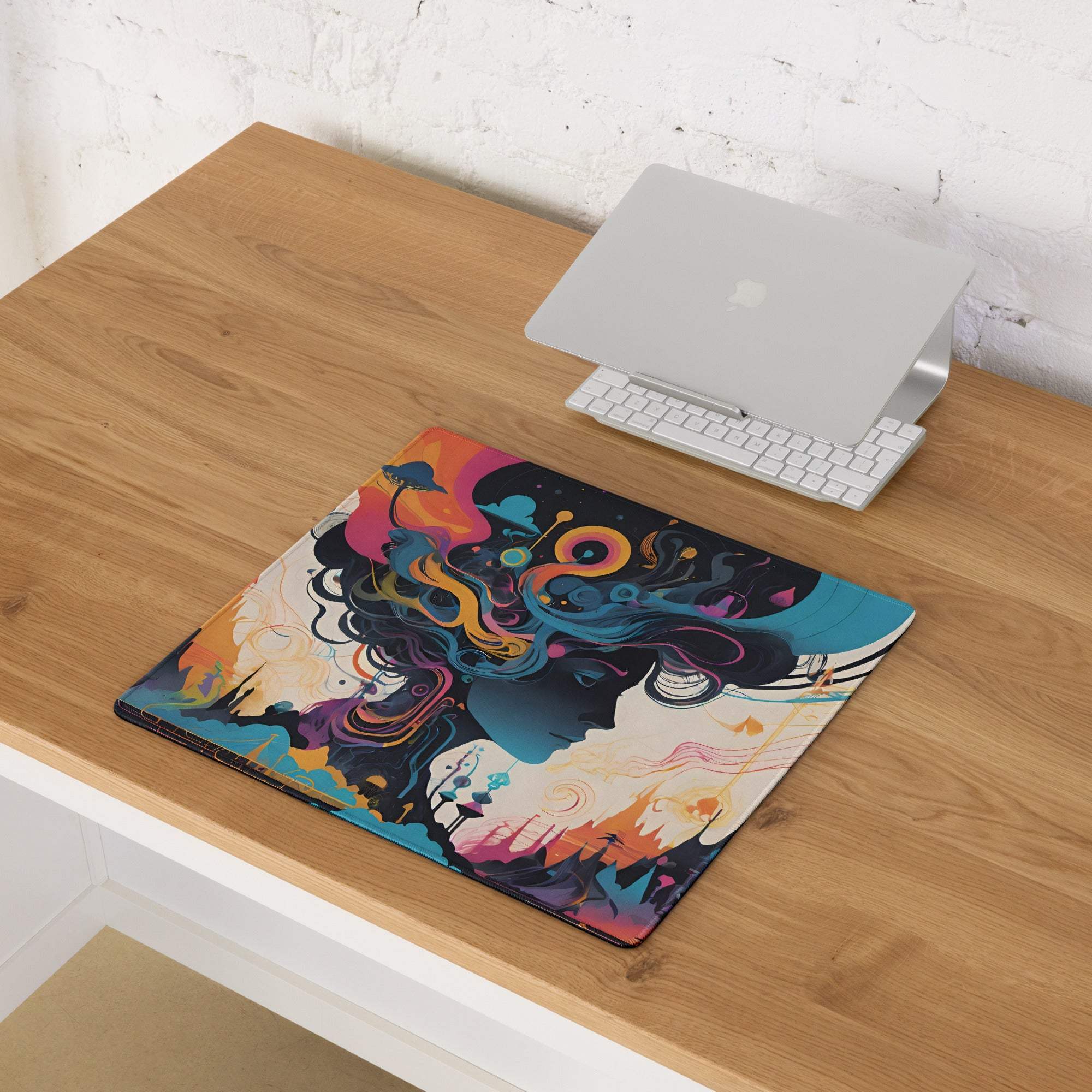 Vibrant abstract fantasy woman portrait gaming mouse pad with colorful swirls